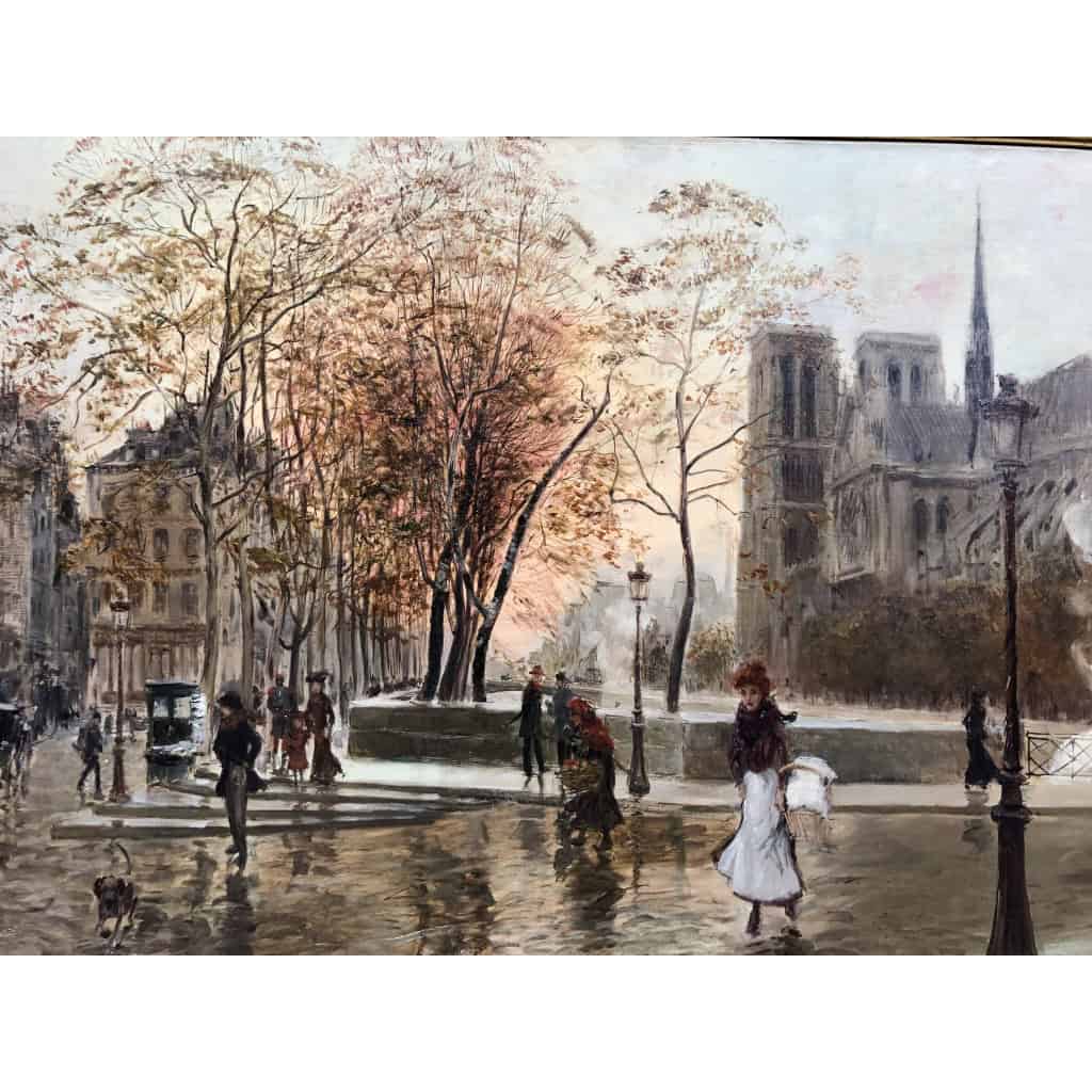 STEIN Georges Paris Animation à Notre Dame depuis les quais Huile Sur Toile Signée Certificat d’authenticité 6