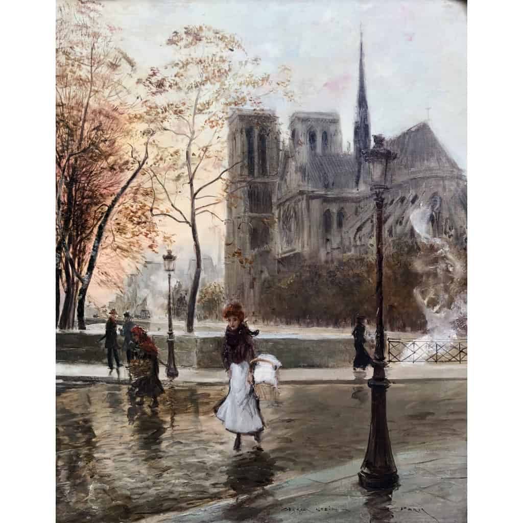 STEIN Georges Paris Animation à Notre Dame depuis les quais Huile Sur Toile Signée Certificat d’authenticité 7