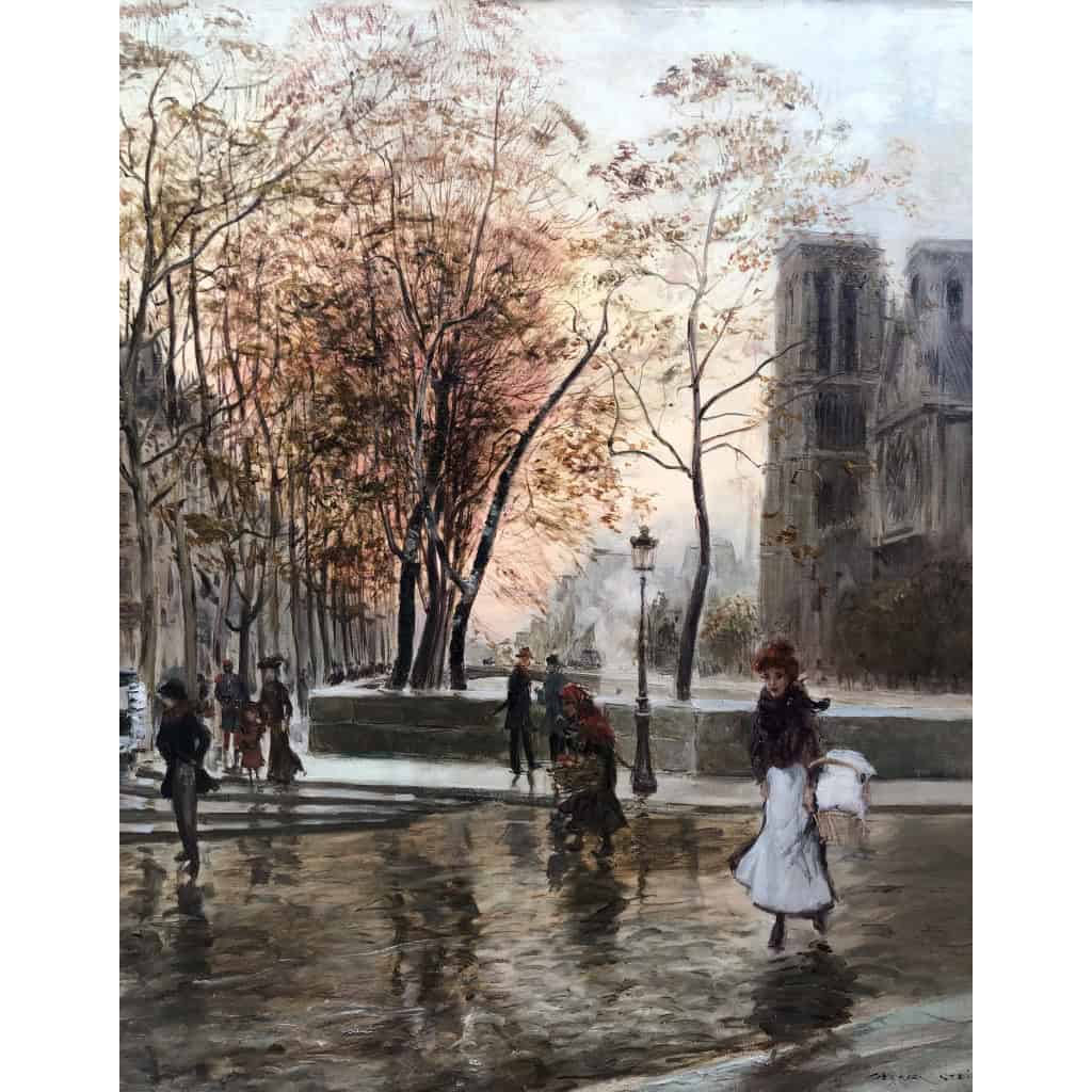 STEIN Georges Paris Animation à Notre Dame depuis les quais Huile Sur Toile Signée Certificat d’authenticité 8