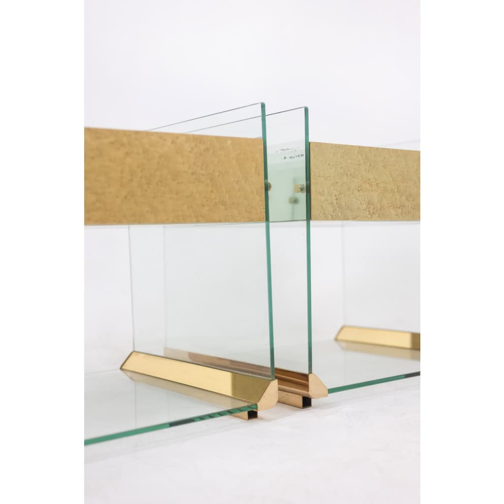 Paire de chevets ou bouts de canapé en laiton, verre et miroir. Années 70. LS6566387U 9