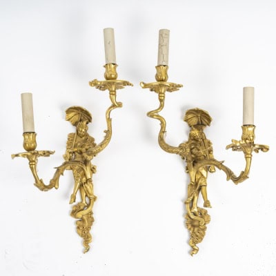 Paire d’appliques en bronze doré représentant un couple de danseur vénitien, Fin XIXème/Début XXème siècle. 3