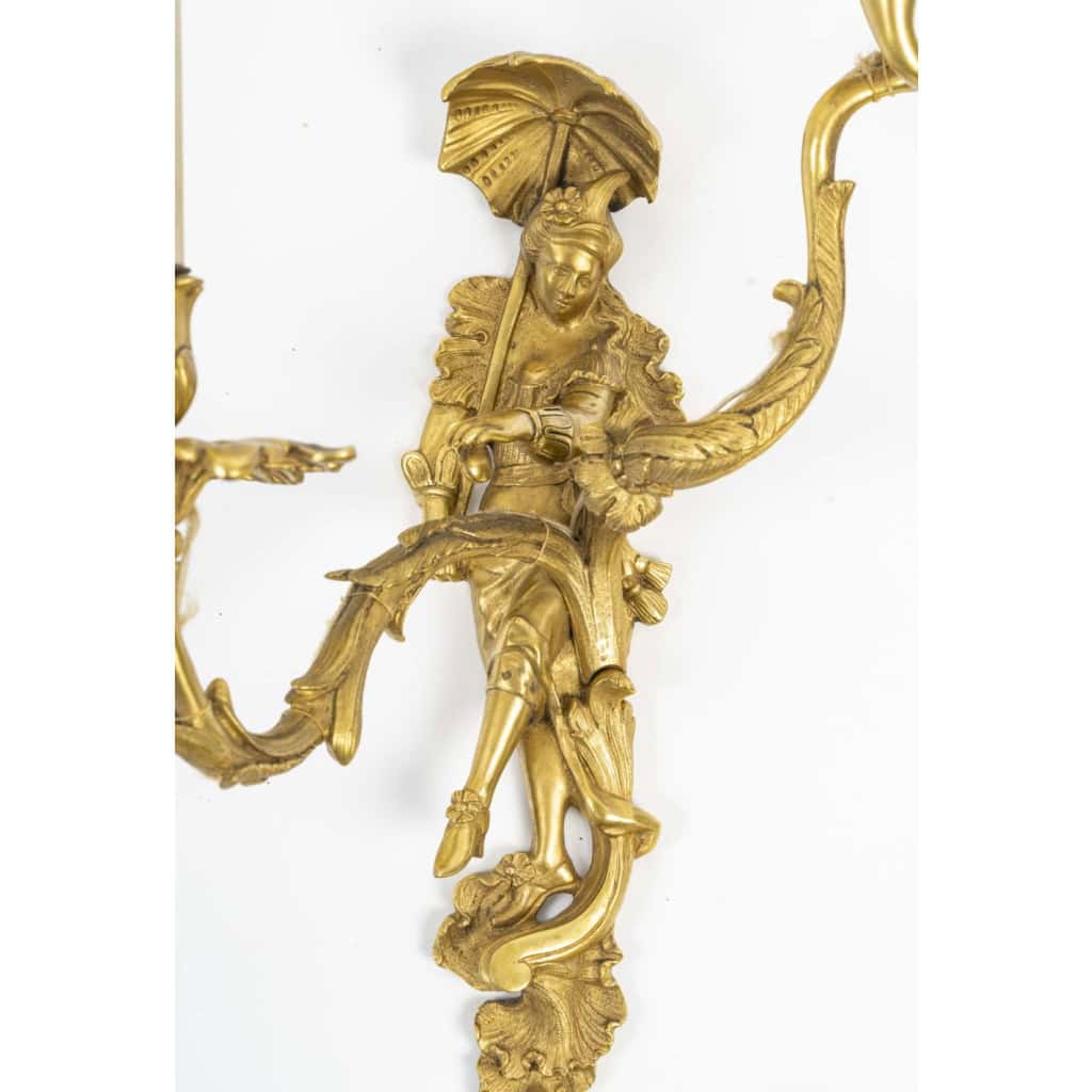 Paire d’appliques en bronze doré représentant un couple de danseur vénitien, Fin XIXème/Début XXème siècle. 4