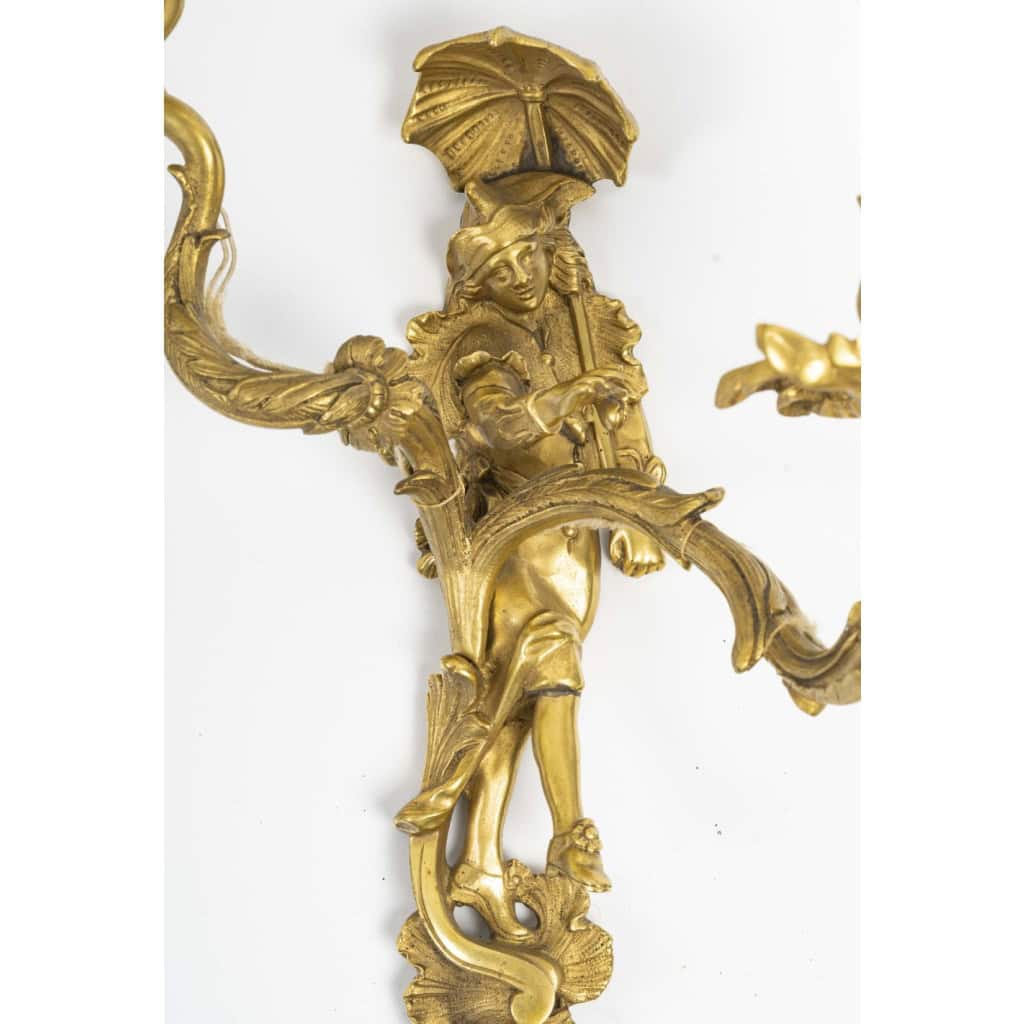 Paire d’appliques en bronze doré représentant un couple de danseur vénitien, Fin XIXème/Début XXème siècle. 5