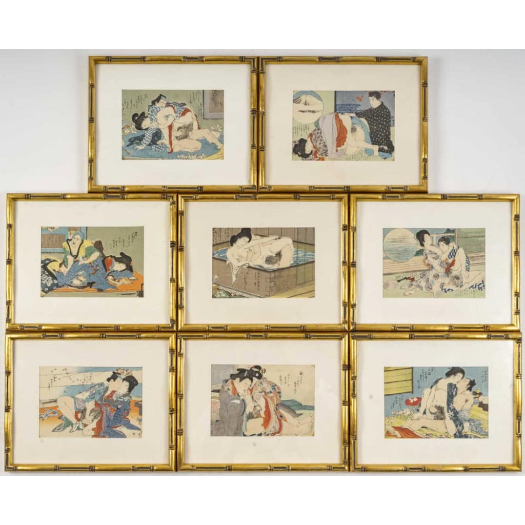 Série de 8 estampes érotiques japonaises, d’époque XIXème siècle. 10