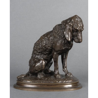 Sculpture – Épagneul Assis , Emmanuel Frémiet (1824-1910) – Bronze