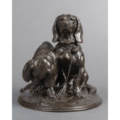 Sculpture – Groupe De Bassets , Ravageot Et Ravageode , Emmanuel Frémiet (1824 -1910) – Bronze