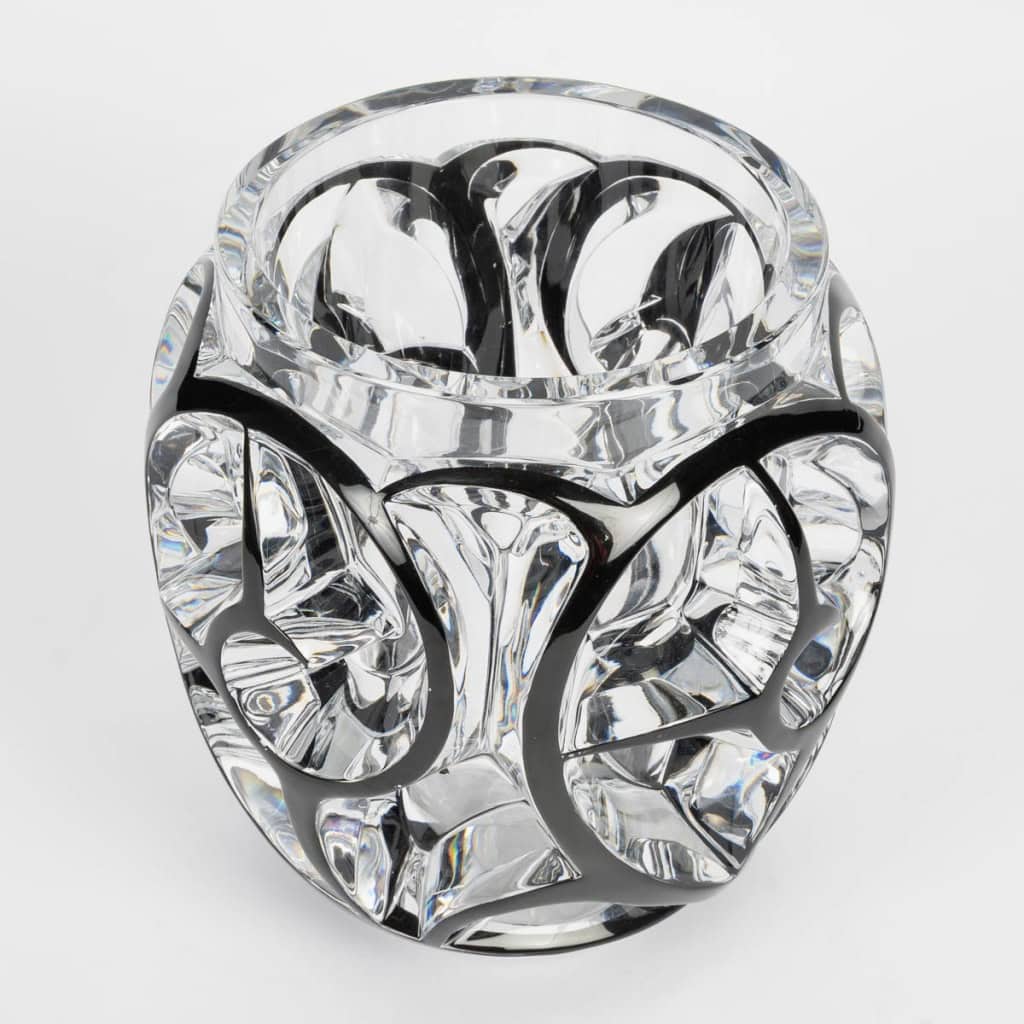 Lalique France – Vase Tourbillons Cristal Blanc Emaillé Noir 6