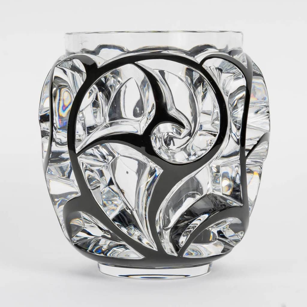 Lalique France – Vase Tourbillons Cristal Blanc Emaillé Noir 4