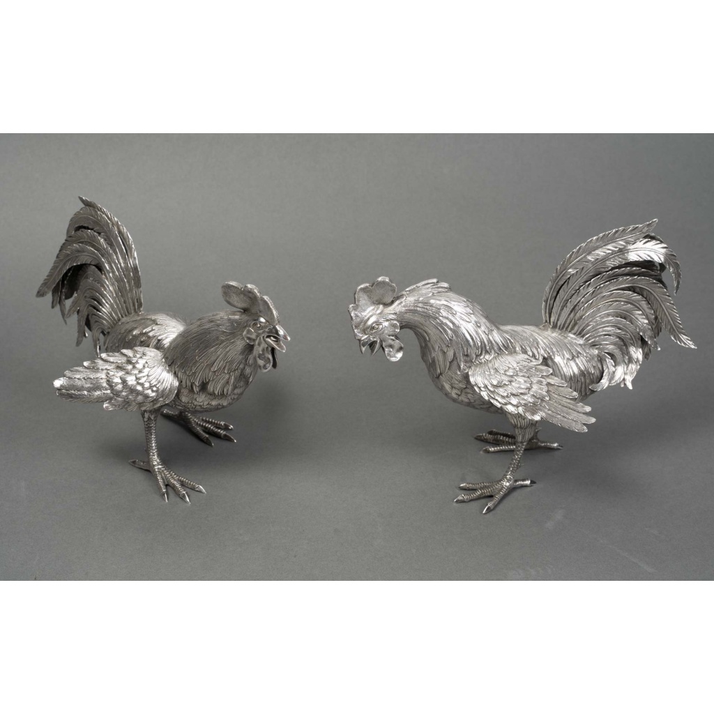 ESCHWEGE Paire de coqs combattant, argent massif circa 1950 4 ESCHWEGE Paire de coqs combattant, argent massif circa 1950 4