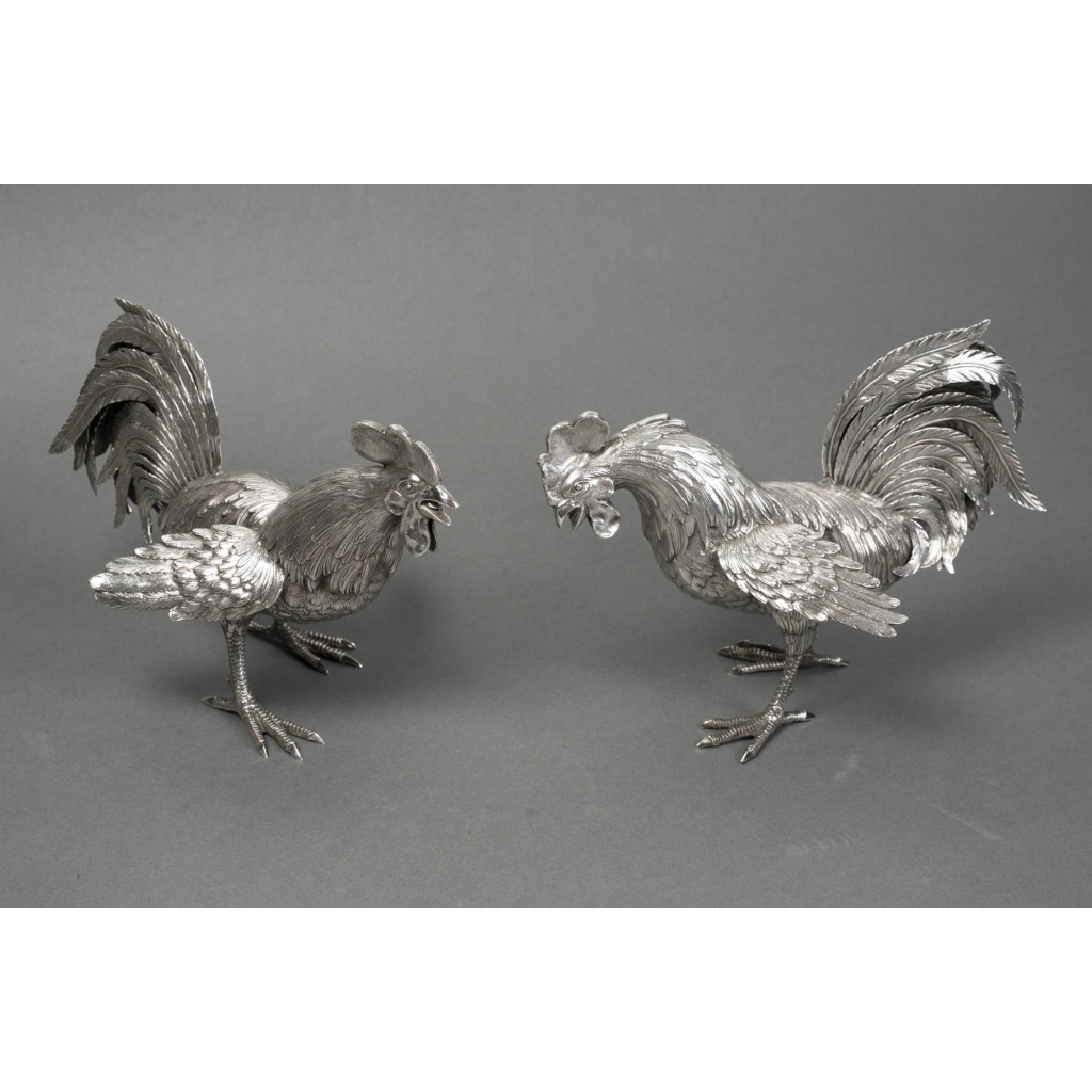 ESCHWEGE Paire de coqs combattant, argent massif circa 1950 5 ESCHWEGE Paire de coqs combattant, argent massif circa 1950 5