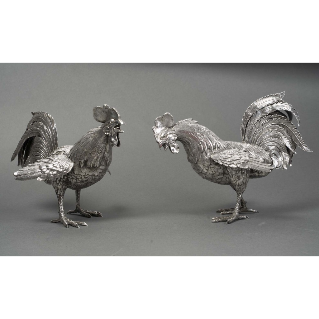 ESCHWEGE Paire de coqs combattant, argent massif circa 1950 6 ESCHWEGE Paire de coqs combattant, argent massif circa 1950 6