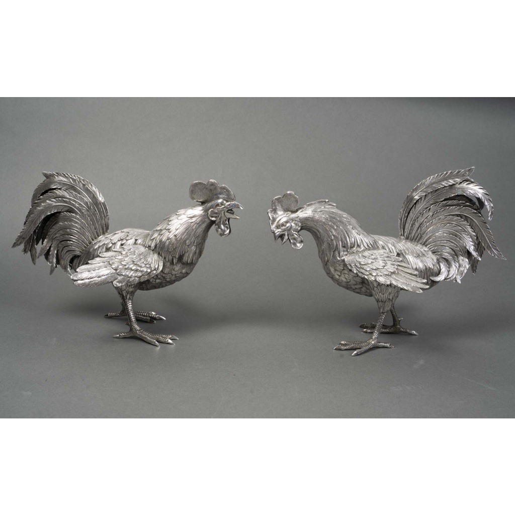 ESCHWEGE Paire de coqs combattant, argent massif circa 1950 9 ESCHWEGE Paire de coqs combattant, argent massif circa 1950 9