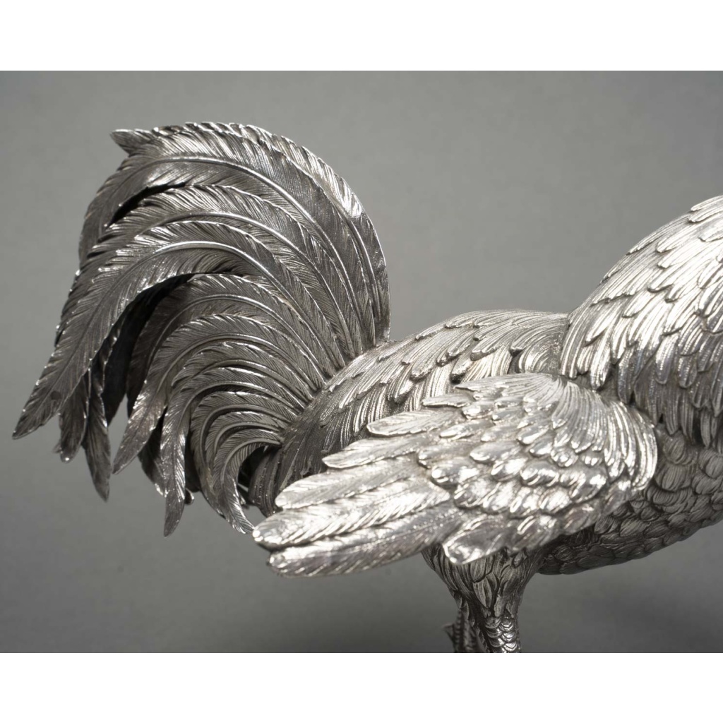 ESCHWEGE Paire de coqs combattant, argent massif circa 1950 12 ESCHWEGE Paire de coqs combattant, argent massif circa 1950 12