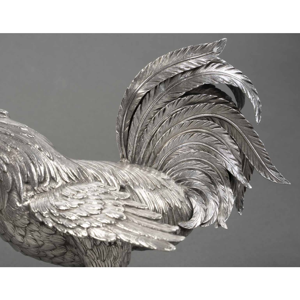 ESCHWEGE Paire de coqs combattant, argent massif circa 1950 13 ESCHWEGE Paire de coqs combattant, argent massif circa 1950 13