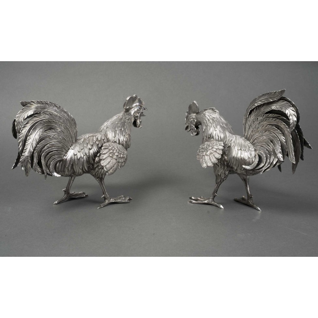 ESCHWEGE Paire de coqs combattant, argent massif circa 1950 14 ESCHWEGE Paire de coqs combattant, argent massif circa 1950 14