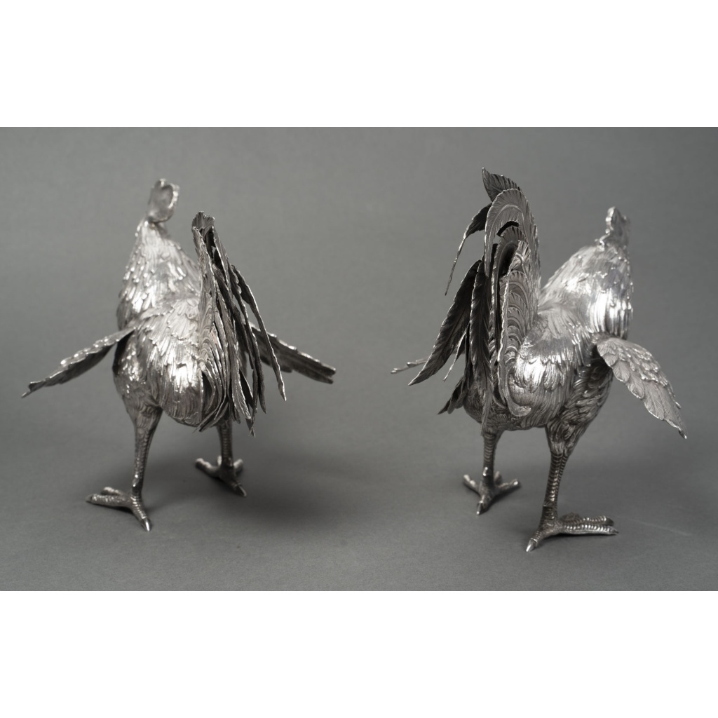 ESCHWEGE Paire de coqs combattant, argent massif circa 1950 15 ESCHWEGE Paire de coqs combattant, argent massif circa 1950 15