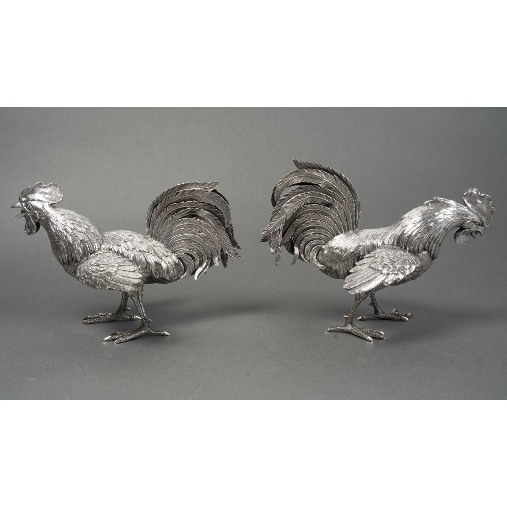 ESCHWEGE Paire de coqs combattant, argent massif circa 1950 16 ESCHWEGE Paire de coqs combattant, argent massif circa 1950 16