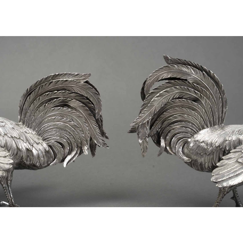 ESCHWEGE Paire de coqs combattant, argent massif circa 1950 17 ESCHWEGE Paire de coqs combattant, argent massif circa 1950 17
