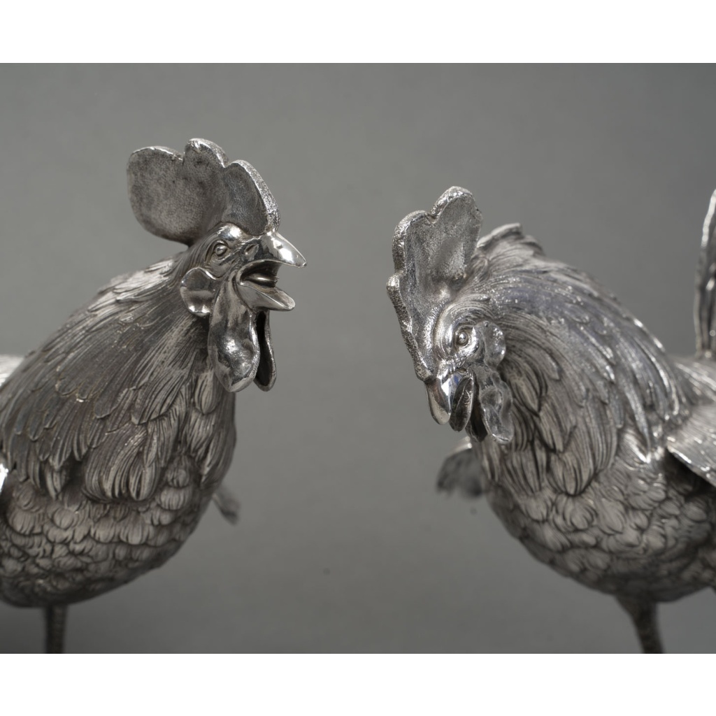ESCHWEGE Paire de coqs combattant, argent massif circa 1950 18 ESCHWEGE Paire de coqs combattant, argent massif circa 1950 18