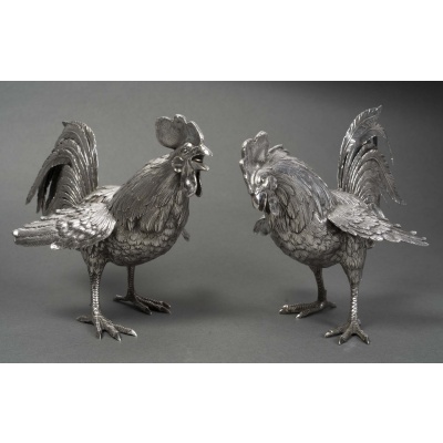 ESCHWEGE Paire de coqs combattant, argent massif circa 1950