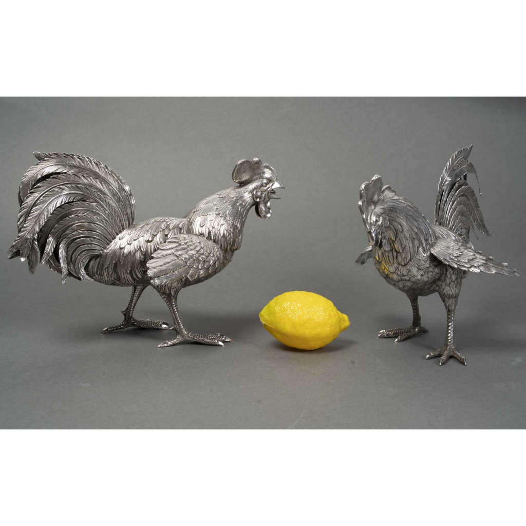 ESCHWEGE Paire de coqs combattant, argent massif circa 1950 19 ESCHWEGE Paire de coqs combattant, argent massif circa 1950 19