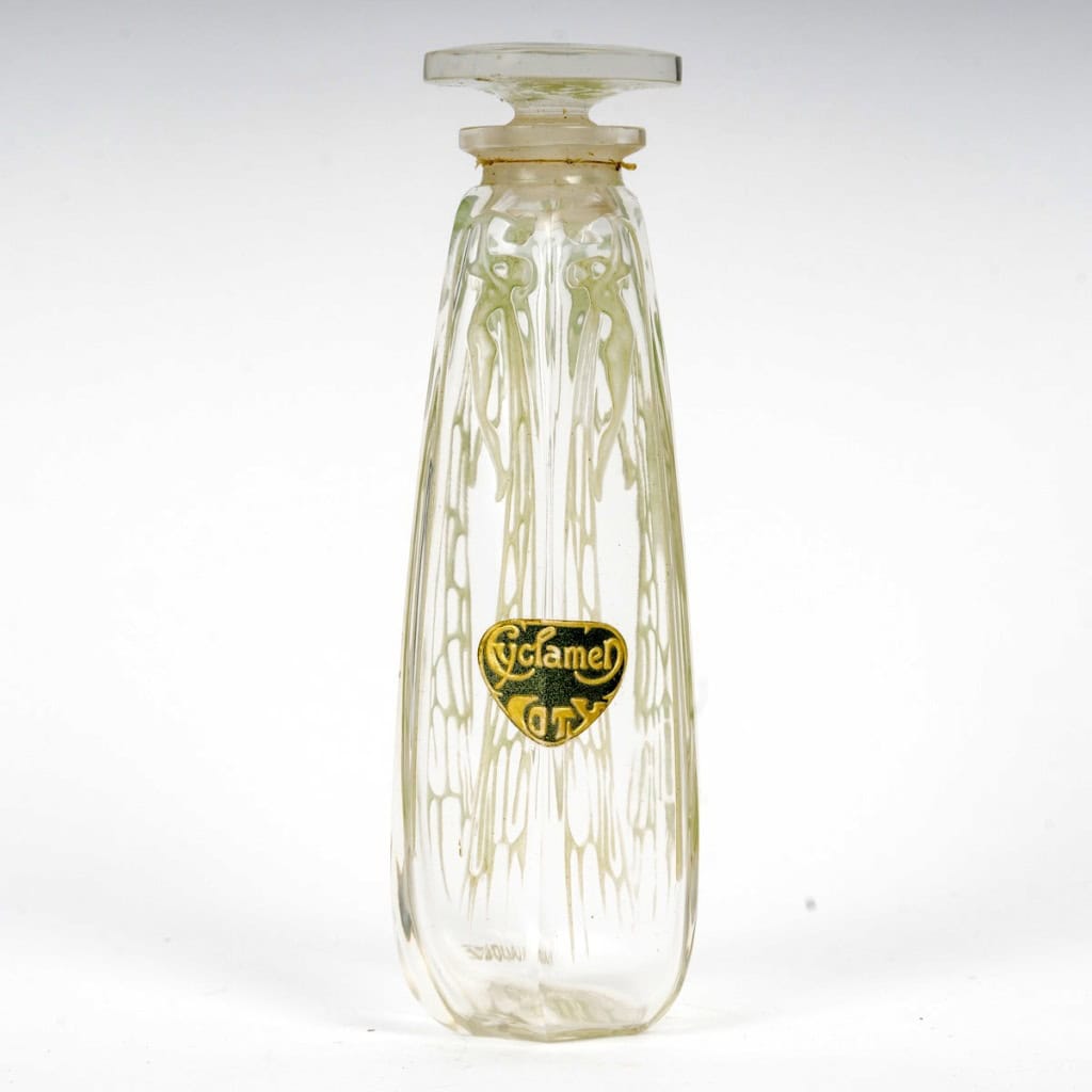 1909 René Lalique – Flacon Cyclamen Verre Blanc Patiné Vert pour Coty 7