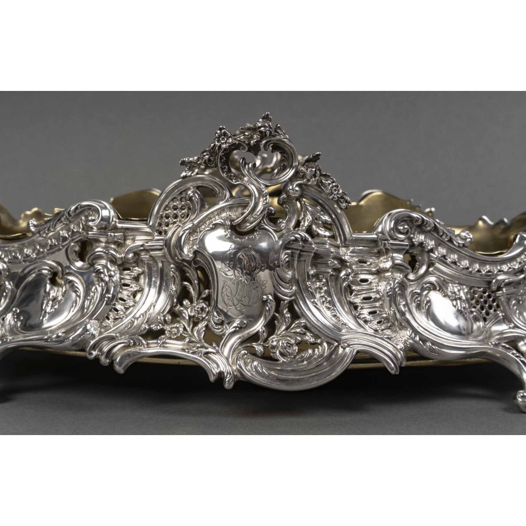 JARDINIERE ROCAILLE EN ARGENT MASSIF INTERIEUR EN LAITON EPOQUE NAPOLEON III 5