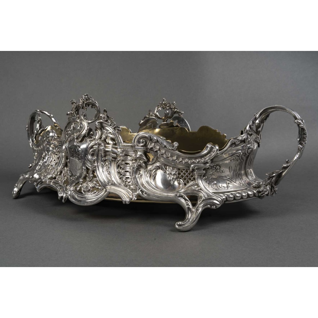 JARDINIERE ROCAILLE EN ARGENT MASSIF INTERIEUR EN LAITON EPOQUE NAPOLEON III 3