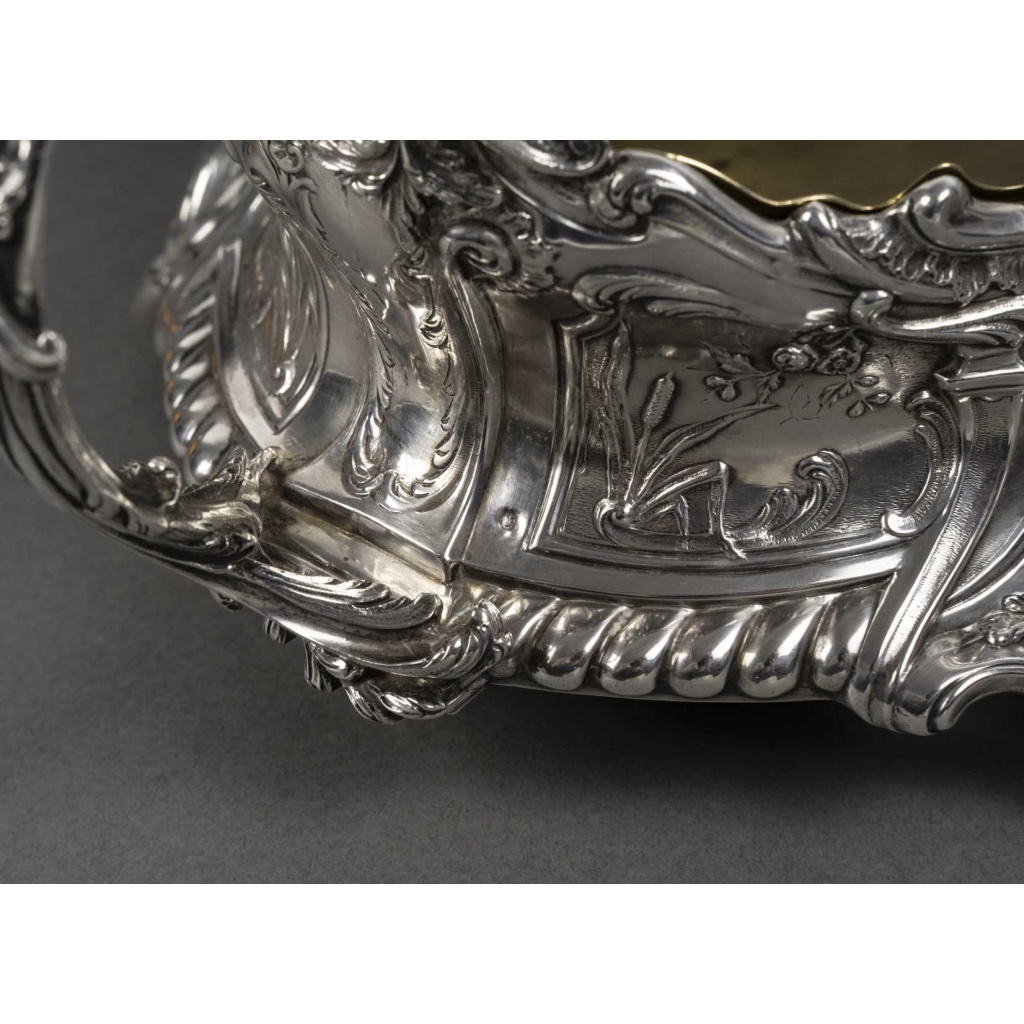 JARDINIERE ROCAILLE EN ARGENT MASSIF INTERIEUR EN LAITON EPOQUE NAPOLEON III 16