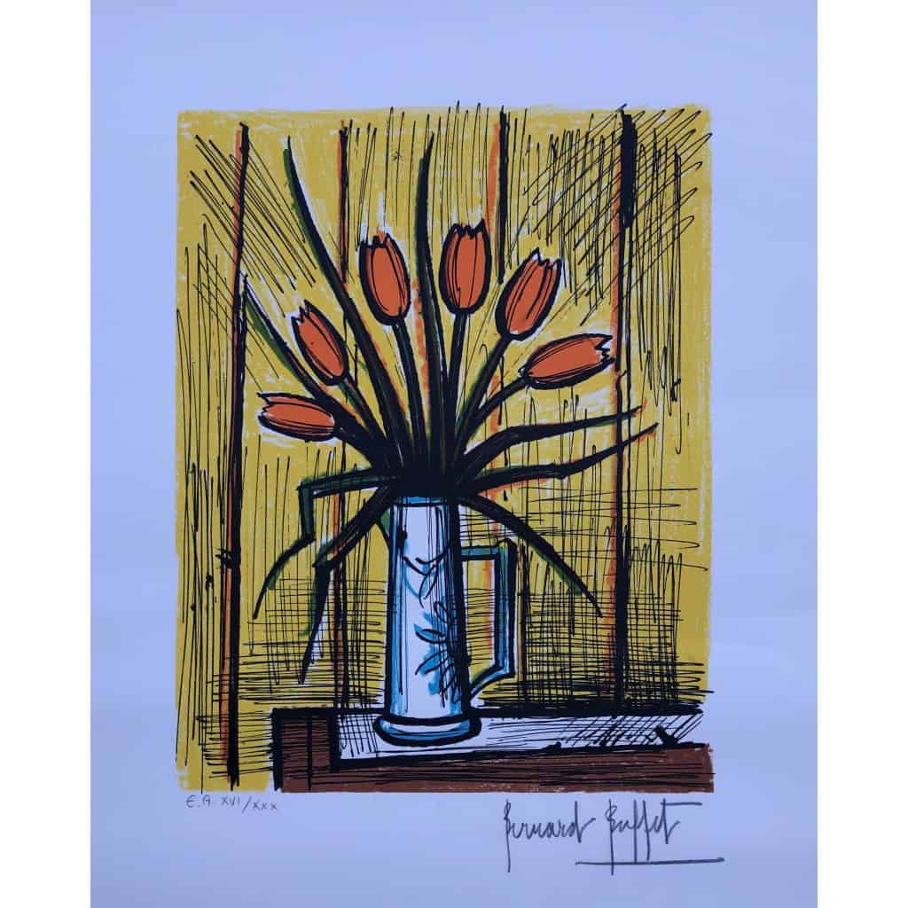 BUFFET Bernard Bouquet tulipes oranges Lithographie Couleurs Signée certificat d’authenticité 4