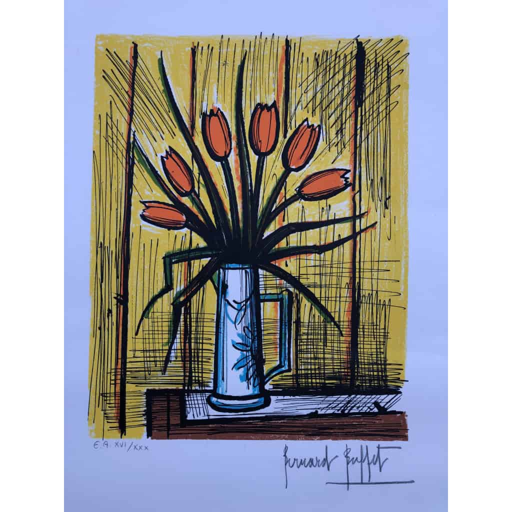 BUFFET Bernard Bouquet tulipes oranges Lithographie Couleurs Signée certificat d’authenticité 11
