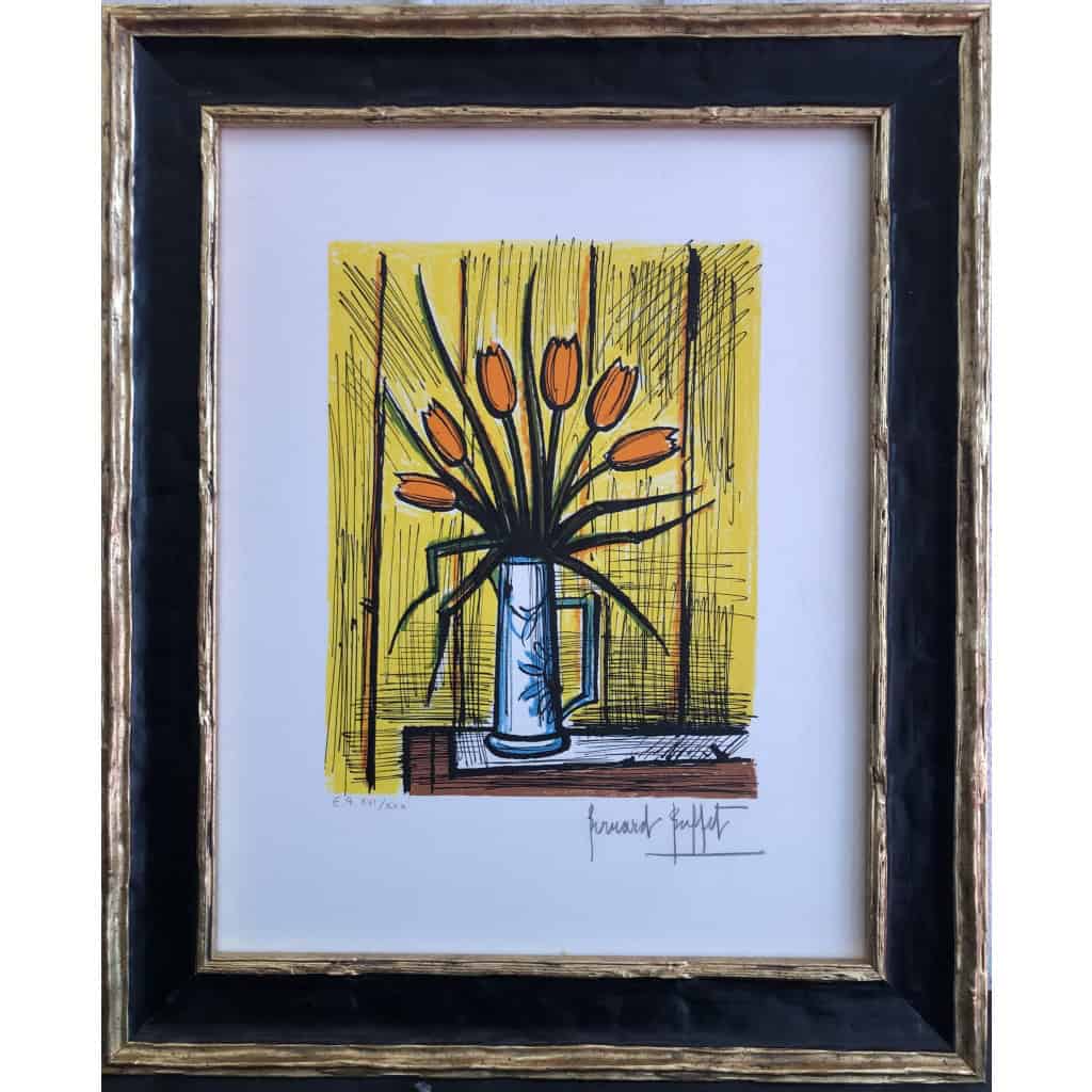 BUFFET Bernard Bouquet tulipes oranges Lithographie Couleurs Signée certificat d’authenticité 3