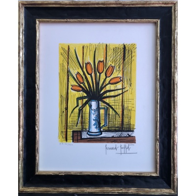 BUFFET Bernard Bouquet tulipes oranges Lithographie Couleurs Signée certificat d’authenticité