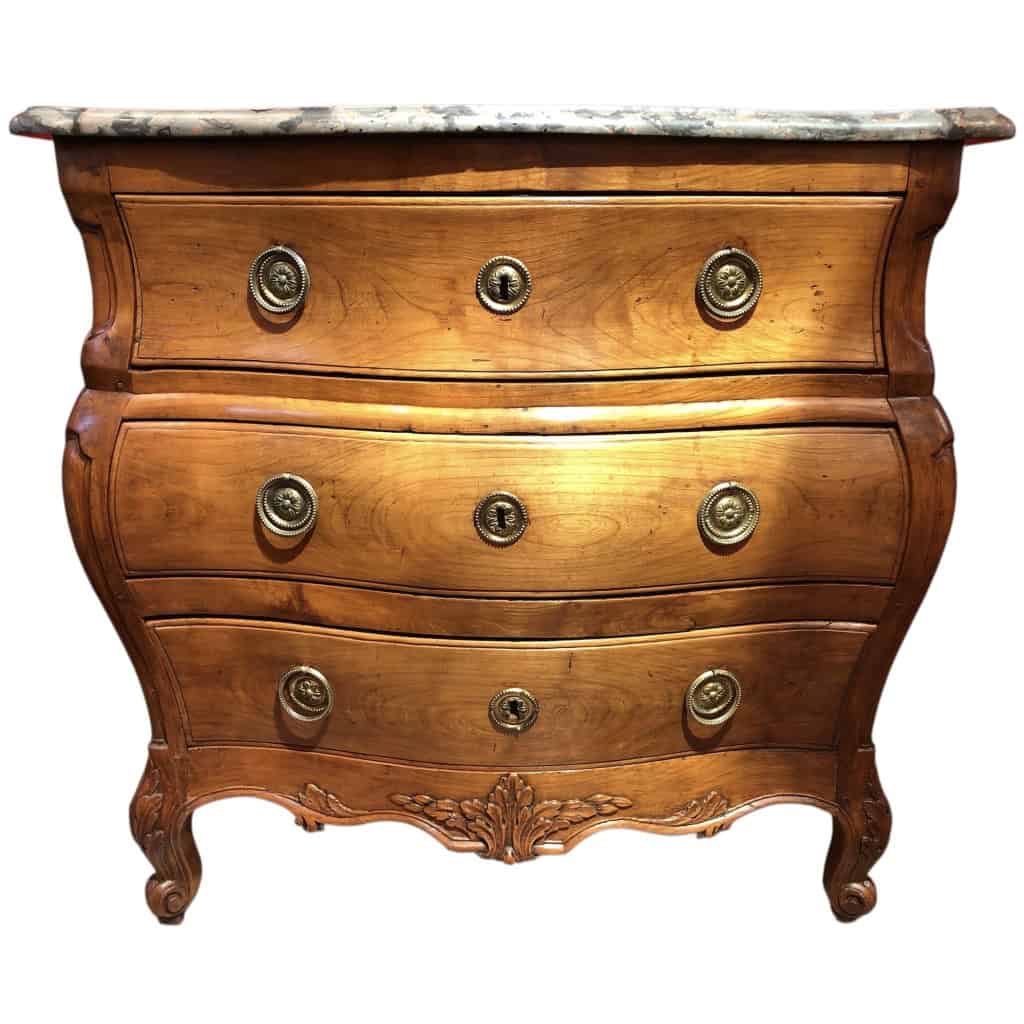 Commode 18è De Port Bois Naturel Ouvrant Trois Tiroirs Reposant Pieds Galbés Dessus Marbre 3