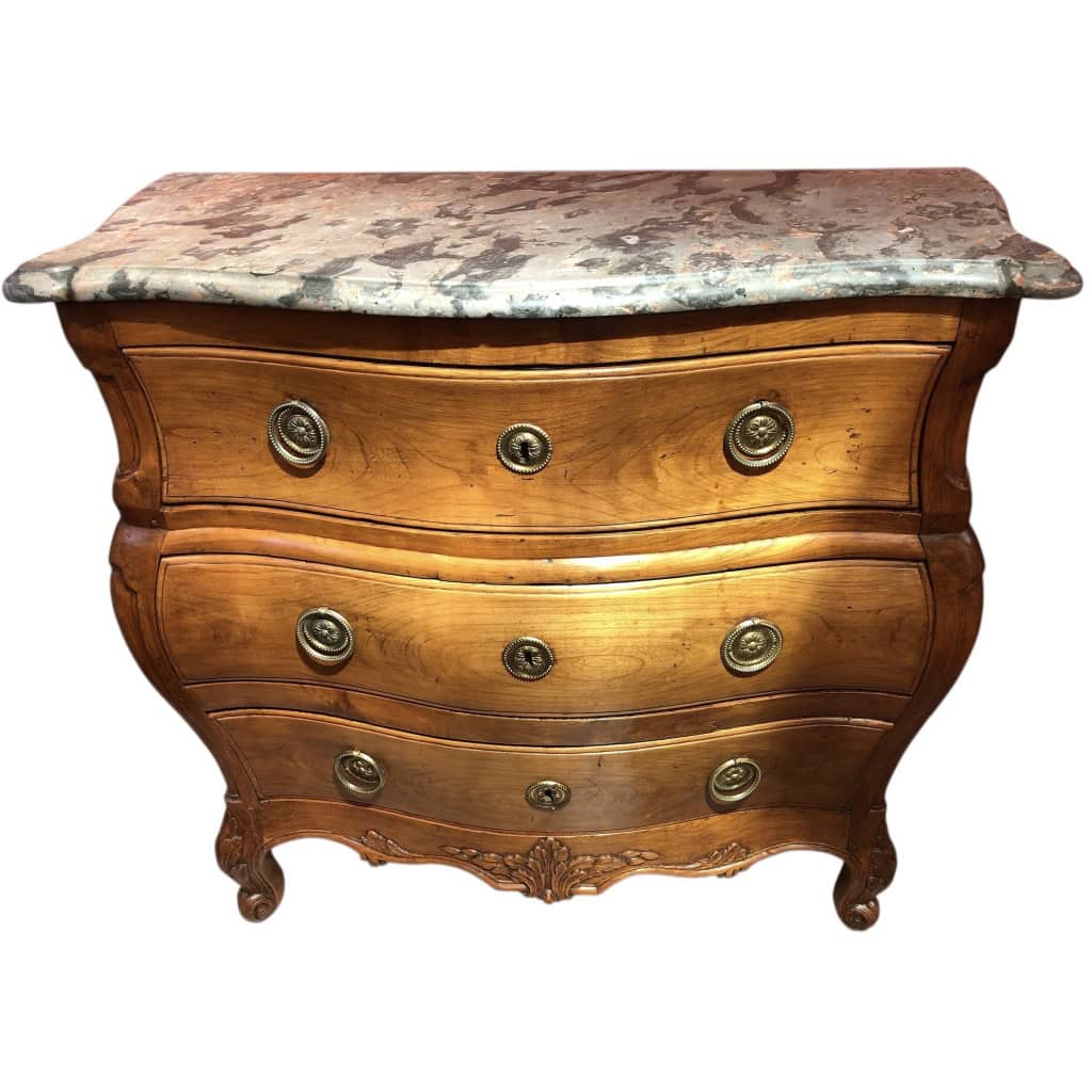 Commode 18è De Port Bois Naturel Ouvrant Trois Tiroirs Reposant Pieds Galbés Dessus Marbre 5