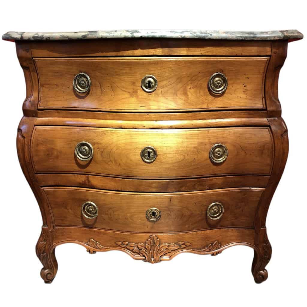 Commode 18è De Port Bois Naturel Ouvrant Trois Tiroirs Reposant Pieds Galbés Dessus Marbre 6