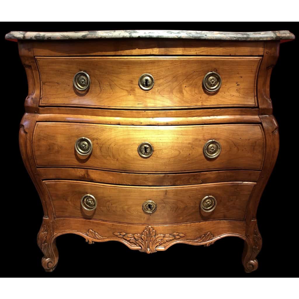 Commode 18è De Port Bois Naturel Ouvrant Trois Tiroirs Reposant Pieds Galbés Dessus Marbre 4