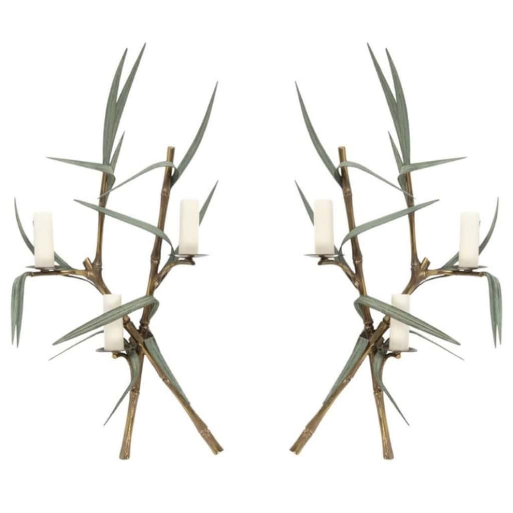 1960 Paire rare d’appliques murales en bronze modèle bambou signées Maison Charles 3