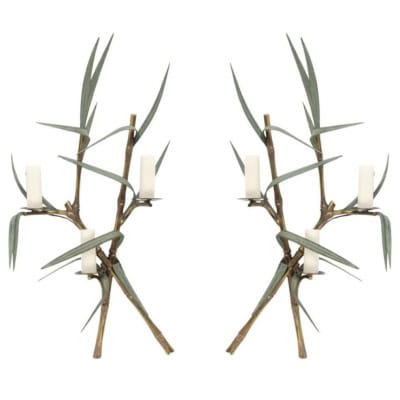 1960 Paire rare d’appliques murales en bronze modèle bambou signées Maison Charles