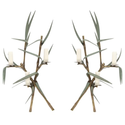 1960 Paire rare d’appliques murales en bronze modèle bambou signées Maison Charles