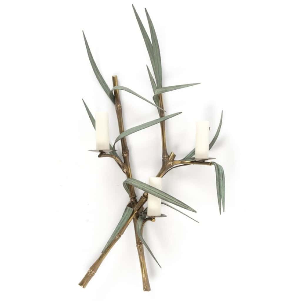 1960 Paire rare d’appliques murales en bronze modèle bambou signées Maison Charles 9