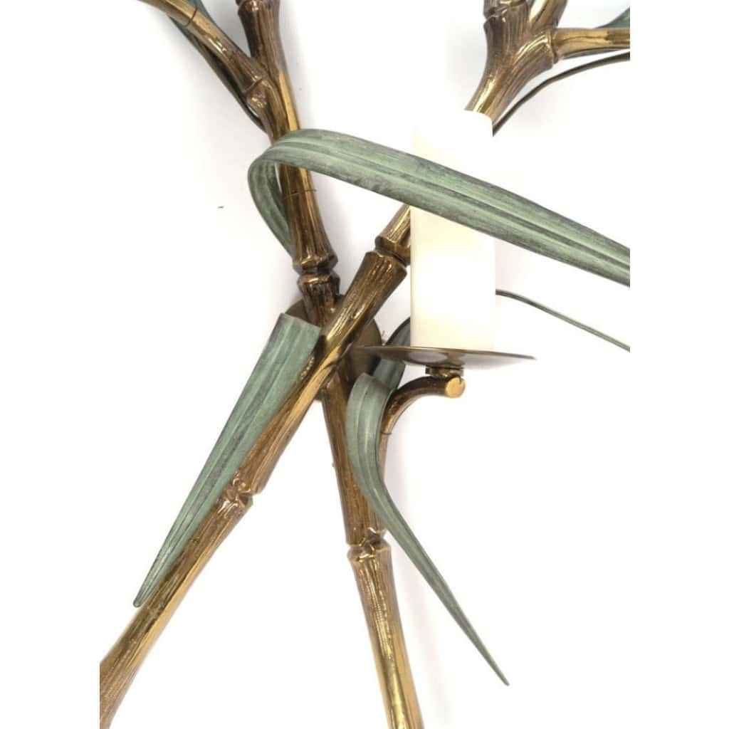 1960 Paire rare d’appliques murales en bronze modèle bambou signées Maison Charles 5