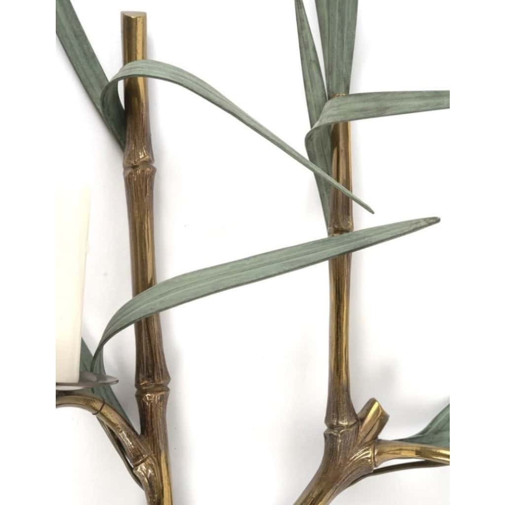 1960 Paire rare d’appliques murales en bronze modèle bambou signées Maison Charles 4