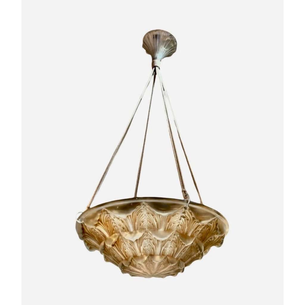 1927 René Lalique – Suspension Plafonnier Lustre Gaillon Verre Blanc Patiné Sépia 4