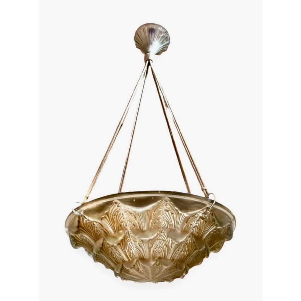 1927 René Lalique – Suspension Plafonnier Lustre Gaillon Verre Blanc Patiné Sépia 3