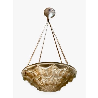 1927 René Lalique – Suspension Plafonnier Lustre Gaillon Verre Blanc Patiné Sépia