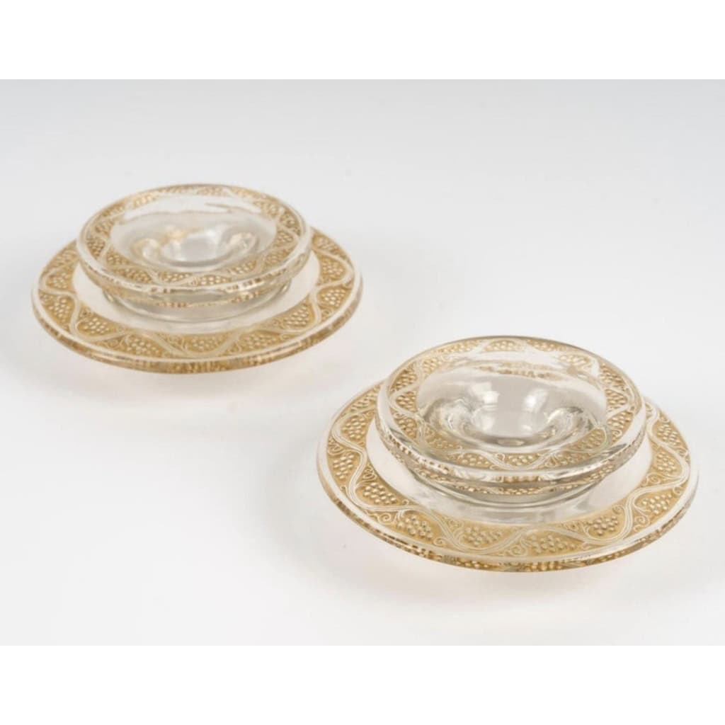 1934 René Lalique – Paire De Bougeoirs Art Déco Ricquewihr Verre Blanc Patiné Sépia 5