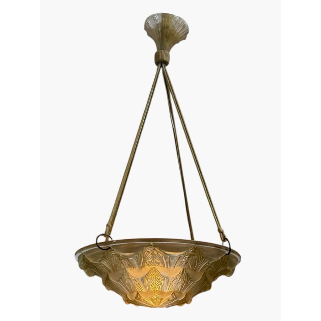1927 René Lalique – Suspension Plafonnier Lustre Gaillon Verre Blanc Patiné Sépia 6