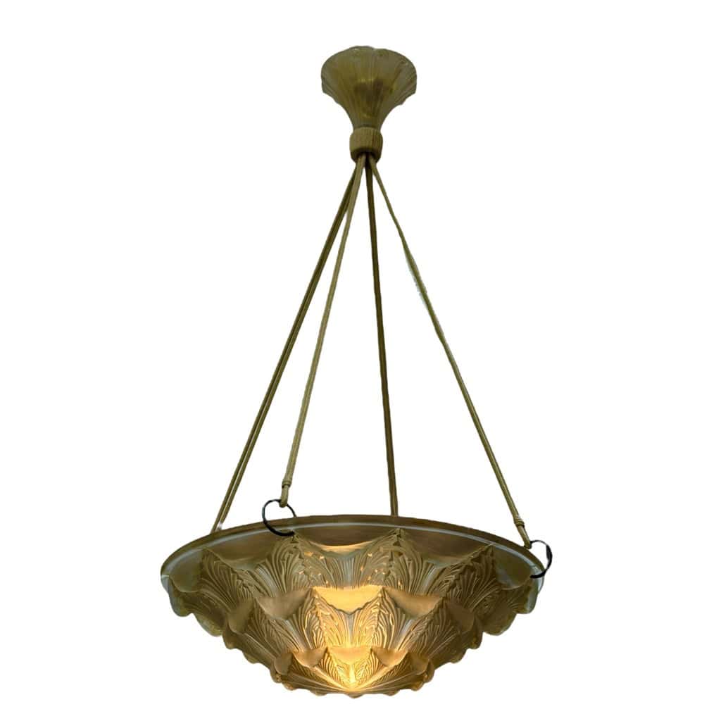 1927 René Lalique – Suspension Plafonnier Lustre Gaillon Verre Blanc Patiné Sépia 5