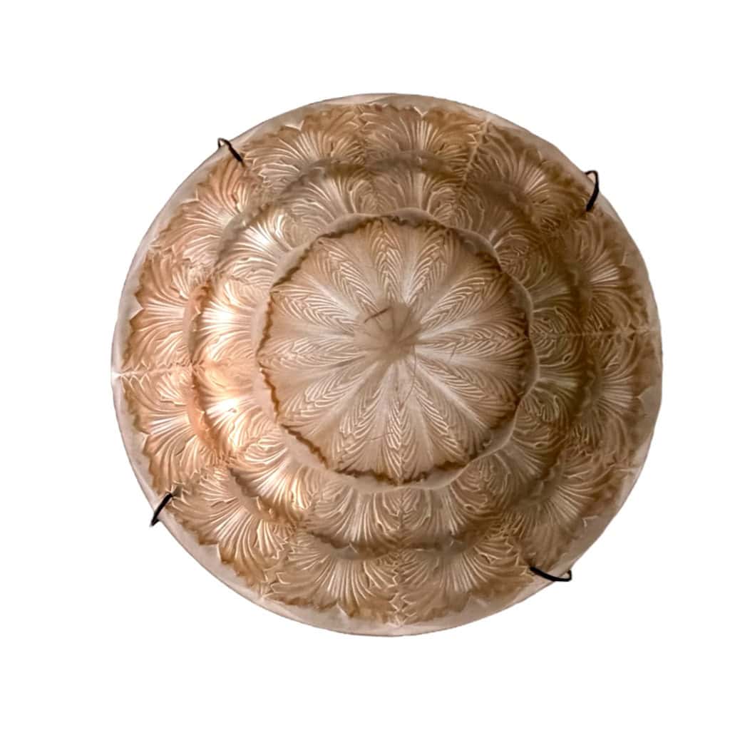 1927 René Lalique – Suspension Plafonnier Lustre Gaillon Verre Blanc Patiné Sépia 7